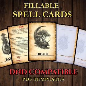 May include: A collection of fillable spell cards with a vintage aesthetic. The cards feature illustrations of a lute, a bear, and a crescent moon. Text includes "Blink", "Druid", and "DND Compatible PDF Templates".