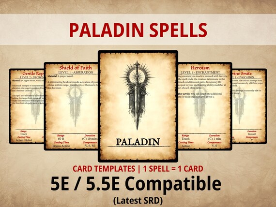 Paladin Spell Cards — Printable DnD 5e/5.5e Spell Deck | Digital Download | Fillable PDF | Poker Size | SRD 2024