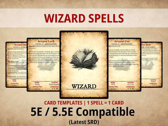 Wizard Spell Cards — Printable DnD 5e/5.5e Spell Deck | Digital Download | Fillable PDF | Poker Size | SRD 2024