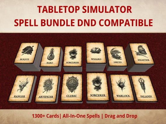 Virtual 5e/5.5e Spell Deck – Dnd Tabletop Simulator Bundle (1300+ Cards | All Classes | SRD Content)