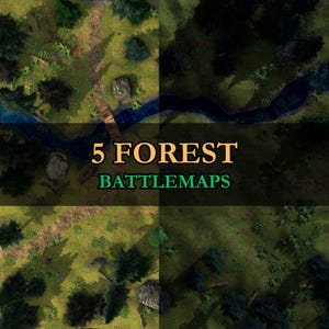 以下が含まれることがあります： 5つの森林バトルマップの俯瞰図。マップは、木、小道、川、木製の橋など、詳細な地形が特徴です。「5 FOREST BATTLEMAPS」のテキストは金と緑で表示されています。