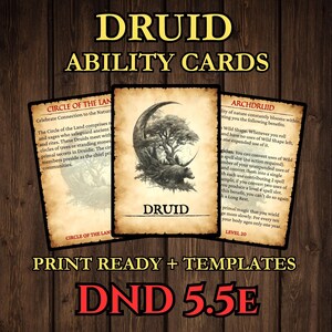May include: Three rectangular Druid ability cards with aged, parchment-style paper edges. The center card features a black ink illustration of a bear beneath a crescent moon. The left card is titled Circle of the Land, and the right card is titled Archdruid.