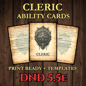 Op de afbeelding: Drie fantasy Cleric Ability Cards met tekst en illustraties, tegen een donkere houten achtergrond. De kaarten bevatten de woorden "Cleric", "Blessed Strikes" en "Life Domain Spells", met de tekst "Print Ready + Templates" en "DND 5.5E."