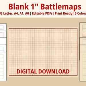 以下が含まれることがあります： 1インチの空白のバトルマップのデジタルダウンロード画像。画像には、大きなグリッド、さまざまな色の小さなグリッドサンプル、およびテキスト「Blank 1」Battlemapsが含まれています。バトルマップは、A4、A1、およびA0サイズで利用できます。