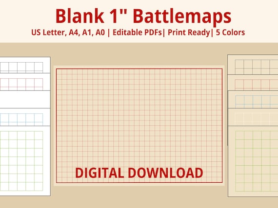 Blank Battlemaps – US Letter, A4,A1,A0 Sizes | Editable PDFs | 5 Grid Colors | Changeable Background colors | Printable