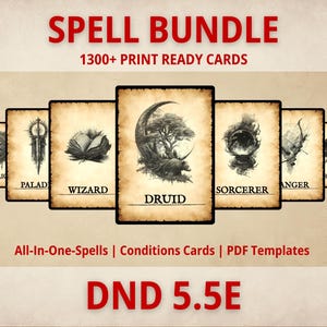 DnD 2024 Spell Cards Bundle – Printable PDF, 5e Compatible, All Classes (Digital Download)