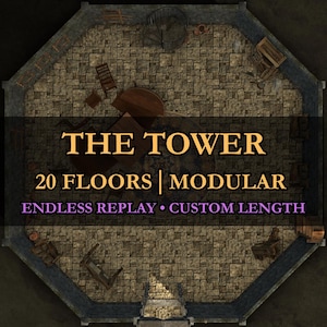 May include: Top-down view of a stone tower interior with the text "THE TOWER" and "20 FLOORS | MODULAR". The image shows a detailed floor plan with furniture and stairs. Additional text reads "ENDLESS REPLAY • CUSTOM LENGTH".