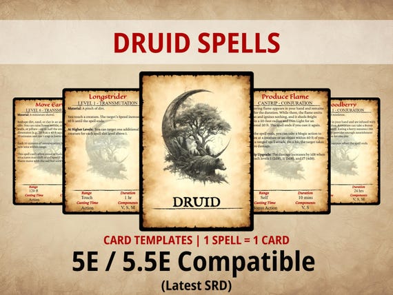Druid Spell Cards — Printable DnD 5e/5.5e Spell Deck | Digital Download | Fillable PDF | Poker Size | SRD 2024
