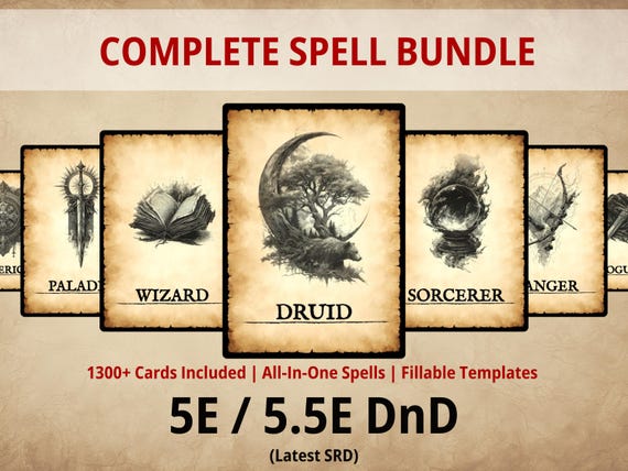 DnD Spell Cards – All Classes | 5e/5.5e | 2024 SRD | Level 0-9 Printable Spells | Fillable PDFs | 1300+ Spells | All In One Spells