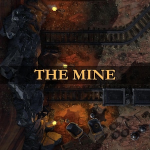 Puede incluir: Vista aérea de una escena de mina con el texto "THE MINE" en letras doradas. La imagen muestra un pozo de mina con una vía férrea, vagonetas y herramientas de minería. La escena está iluminada con un brillo cálido y anaranjado.