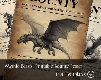 Printable DnD Bounty Posters – “Mythical Creatures” Fantasy Art & RPG Quest Props