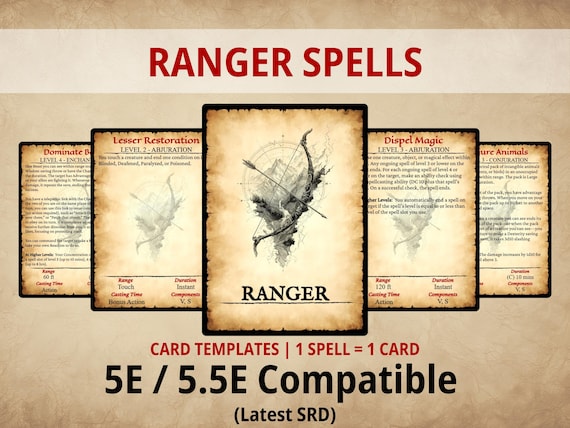 Ranger Spell Cards — Printable DnD 5e/5.5e Spell Deck | Digital Download | Fillable PDF | Poker Size | SRD 2024