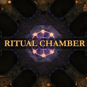 Pode incluir: Vista aérea de um mapa de fantasia detalhado com a legenda "RITUAL CHAMBER". O mapa apresenta uma área central octogonal com um design roxo brilhante, rodeada por corredores e salas escuras. O esquema de cores é escuro com texto dourado.