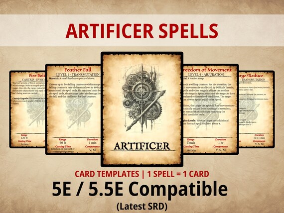 Artificer Spell Cards — Printable DnD 5e/5.5e Spell Deck | Digital Download | Fillable PDF | Poker Size | SRD 2024