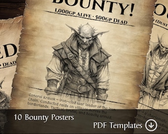 Printable DnD Bounty Posters – “Town Villains” Fantasy Art & RPG Quest Props