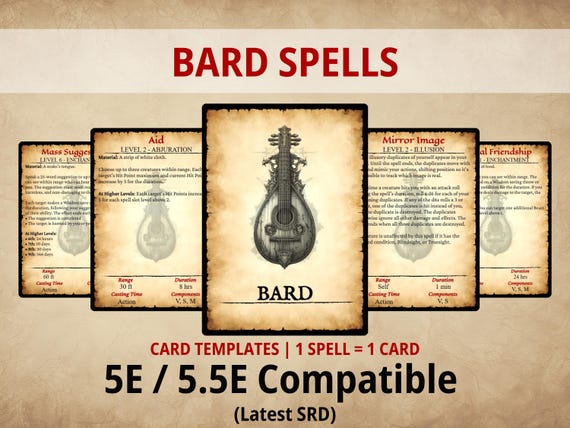 Bard Spells Cards — Printable DnD 5e/5.5e Spell Deck | Digital Download | Fillable PDF | Poker Size | SRD 2024