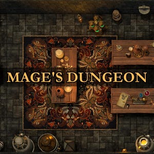 May include: Overhead view of a detailed dungeon scene with the text "MAGE'S DUNGEON". The scene includes wooden tables, ornate rugs, and various alchemical equipment. The floor is made of gray stone blocks.