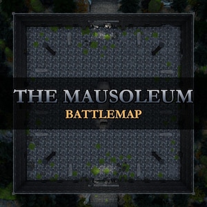 May include: A top-down view of a mausoleum battlemap. The map features a grey stone brick pattern with four large stone pillars and green foliage. The text "THE MAUSOLEUM BATTLEMAP" is overlaid on the image.