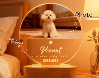 Pode incluir: Luz noturna personalizada com uma foto de um cão branco dentro de uma moldura circular. A base exibe o nome "Peanut", a frase "Forever in my heart" e os anos 2018-2025. A luz tem uma base de madeira.