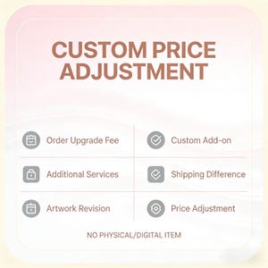 Könnte beinhalten: Grafik mit dem Text "CUSTOM PRICE ADJUSTMENT" und Symbolen für Bestell-Upgrade-Gebühr, Custom Add-on, zusätzliche Services, Versanddifferenz, Artwork-Revision und Preisanpassung. Der Text "NO PHYSICAL/DIGITAL ITEM" steht unten.