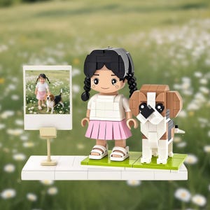 カスタムレンガフィギュア 小さな女の子と犬、かわいいレンガミニチュア、全身カスタマイズ可能なブロックフィギュア、手作りペットメモリアルギフト、ペット愛好家