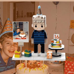 Custom Mini Brick Figure Birthday Gift – Personalized Block Toy with Photo, Cake & Party Hat – Unique Keepsake for All Ages and Events