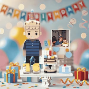 Custom Mini Brick Figure Birthday Gift – Personalized Block Toy with Photo, Cake & Party Hat – Unique Keepsake for All Ages and Events