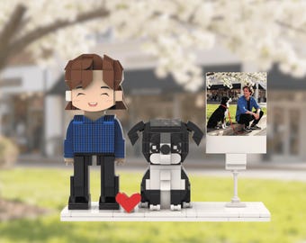 Custom LEGO Style Dog Owner Portrait with Photo | Personalized Pet Lover Gift with Dog Figurine | Unique Custom Display for Dog Parents