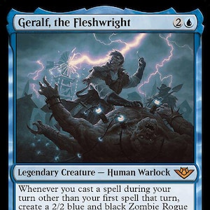 May include: A blue Magic: The Gathering card featuring Geralf, the Fleshwright. The illustration shows a man with glasses and a coat, with lightning and zombies in the background. The card text details the creature's abilities.