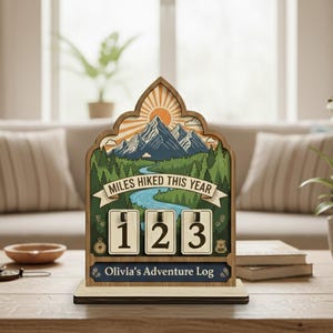 May include: Wooden adventure log with a mountain and river scene, displaying "Miles Hiked This Year" and a counter showing "123". The base reads "Olivia's Adventure Log". The design features a sun, trees, and a river.