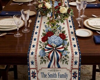 Personalized Quilt Table Runner, Linen Fabric, Patriotic Stars & Flowers, Red White Blue