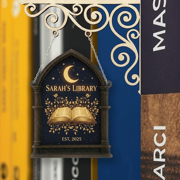 Celestial Bookshelf Sign – Personalized Library Name Plaque