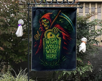 Spooky Grim Reaper "Wish You Were Here" Flag, Funny Halloween Garden Decor, Gothic Tombstone Yard Art, Dark Humor Outdoor Banner