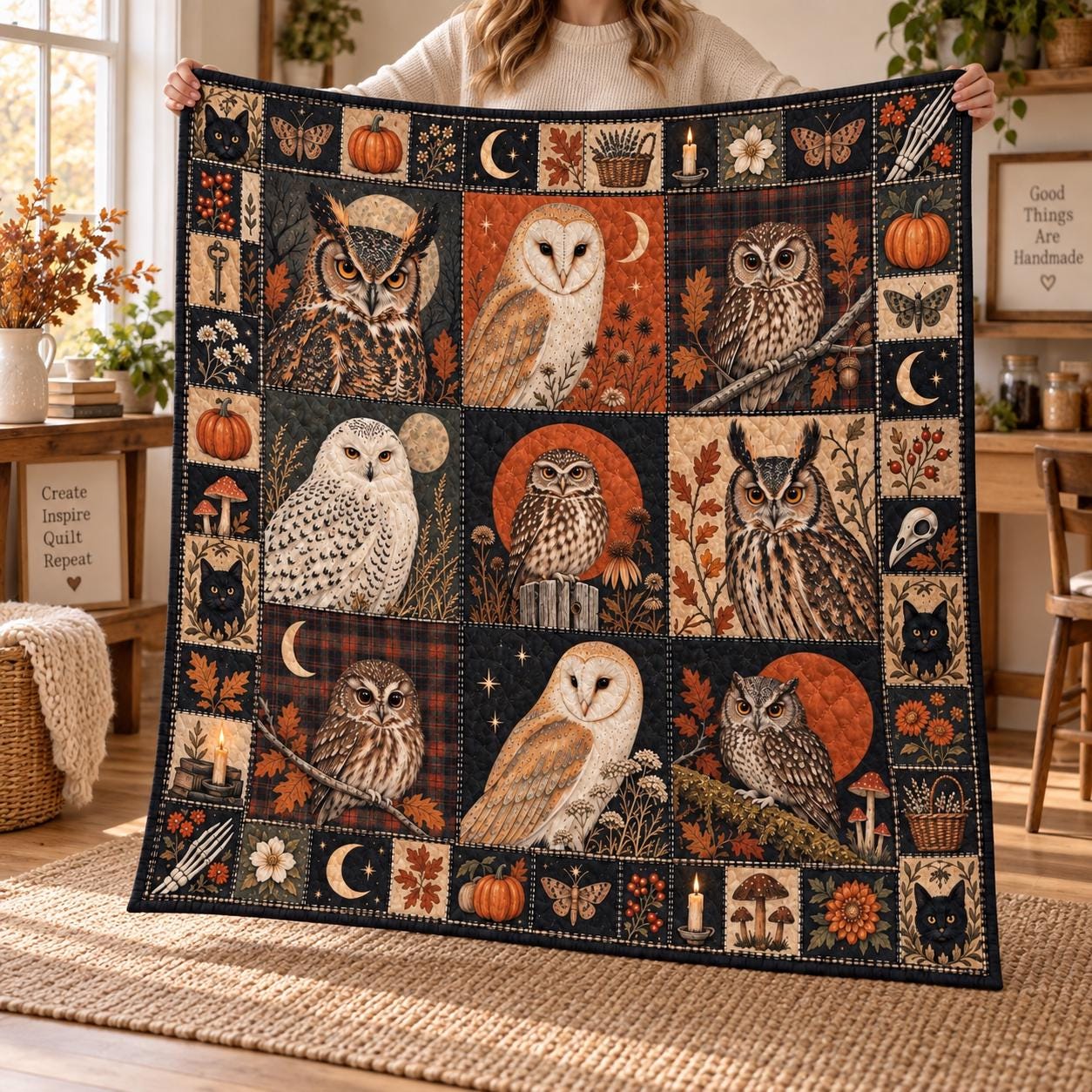 Vintage Owl Quilt Blanket: Autumn Patchwork Gothic Bird Throw