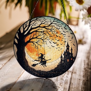 Halloween Witch Suncatcher, Stained Glass Witch on Broom, Spooky Moon Decor, Gothic Window Hanging, Haunted Castle Art