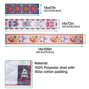 May include: Three quilt table runners with distinct patterns: a blue floral design at 14x47 inches, a cat-themed print at 14x72 inches, and a pumpkin motif at 14x108 inches. A detail view shows a white quilted texture with a plaid tree graphic.
