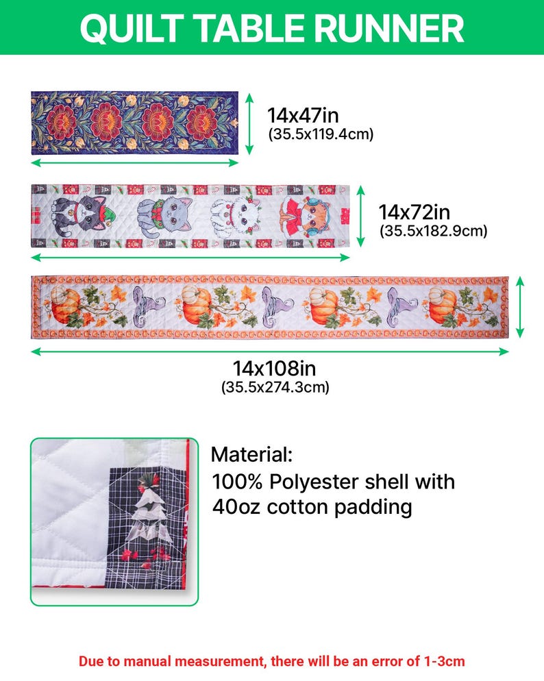 May include: Three quilt table runners with distinct patterns: a blue floral design at 14x47 inches, a cat-themed print at 14x72 inches, and a pumpkin motif at 14x108 inches. A detail view shows a white quilted texture with a plaid tree graphic.
