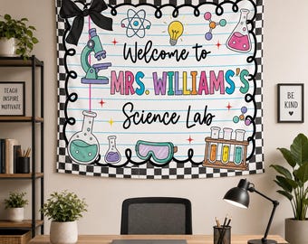 Tapiz personalizado para laboratorio de ciencias: pancarta para el aula con el nombre del profesor, decoración STEM a cuadros.