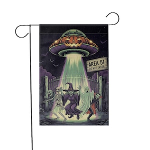 Bandera de jardín de Halloween del Área 51, decoración de jardín espeluznante con OVNI alienígena, pancarta de esqueleto fantasma y vampiro