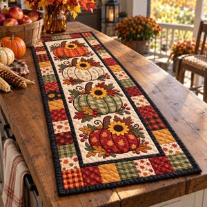 May include: A rectangular quilted table runner featuring a central panel with four appliqued pumpkins in orange, white, green, and red, each topped with a sunflower and autumn leaves. The border consists of a patchwork of plaid and floral fabrics.