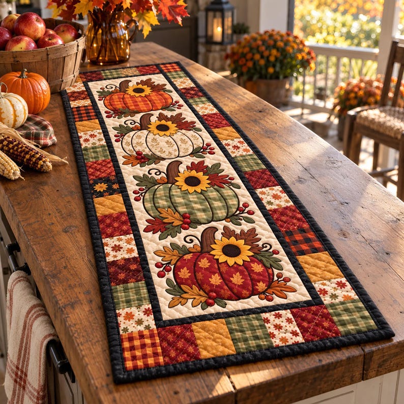 May include: A rectangular quilted table runner featuring a central panel with four appliqued pumpkins in orange, white, green, and red, each topped with a sunflower and autumn leaves. The border consists of a patchwork of plaid and floral fabrics.