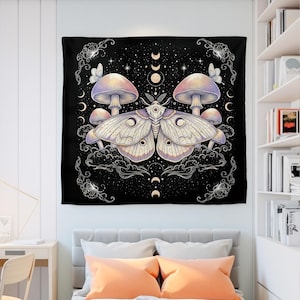 Celestial Moth and Mushroom Tapestry, Boho Moon Phase Wall Hanging, Mystical Forest Wall Art, Witchy Room Decor for Bedroom or Dorm
