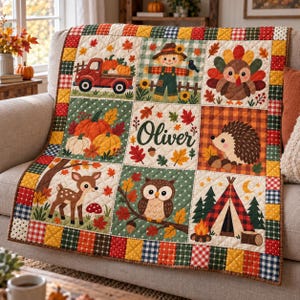 Personalized Autumn Quilt Blanket Custom Name Fall Thanksgiving Throw Bedspread