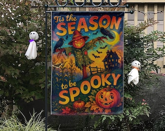 Tis the Season to be Spooky Flag, Vintage Halloween Garden Flag with Scarecrow & Pumpkin, Retro Haunted House Outdoor Yard Decor Sign