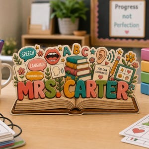 May include: A wooden desk sign featuring the name MRS. CARTER in colorful 3D letters atop an open book illustration. The design includes icons of books, a mouth, an ear, and speech bubbles with text like SPEECH, LANGUAGE, and YOU CAN COMMUNICATE.