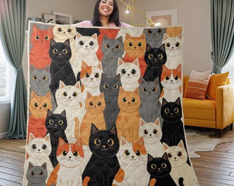 Manta de gato con estampado de patchwork, funda para sofá cama multicolor con gatitos