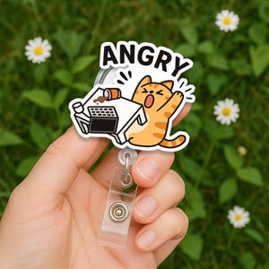 Bobine de badge de bureau à retournement chat en colère, porte-carte d'identité rétractable drôle, mignon chaton orange stressé, cadeau d'humour de bureau pour infirmière enseignante