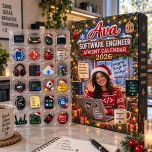 May include: A 2026 Ava Software Engineer advent calendar box featuring a festive holiday design with a person using a laptop, alongside a clear plastic tray containing twenty miniature tech-themed ornaments including a rocket, rubber duck, and various computer components.