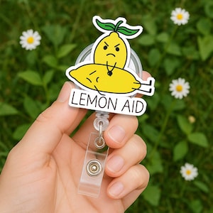 Funny Lemon Aid Badge Reel, Cute Pun Gift for Nurse Doctor Teacher, Medical Staff RN LPN Retractable ID Holder, First Aid Humor Joke