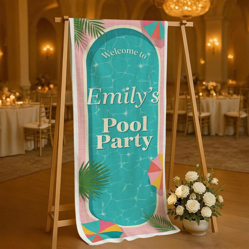 June Pool Banner Personalized Cotton Linen Pool Party Banner, Summer Pool Backdrop ...